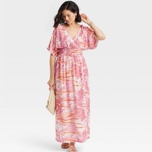 Knox Rose Pink & Orange Hippie Tie Dye Surplice Smocked Maxi Dress with …